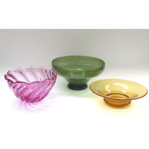 9178 - Three large hand blown glass bowls including Whitefriars amber glass bowl, lilac bowl with pontil to... 