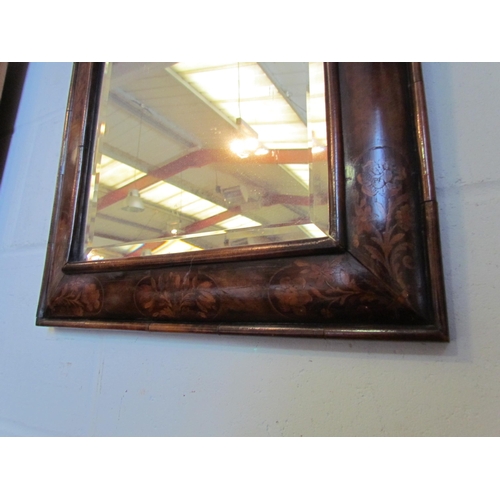 1012 - A marquetry wall mirror, bevelled glass, 56cm x 44cm total