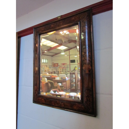 1012 - A marquetry wall mirror, bevelled glass, 56cm x 44cm total