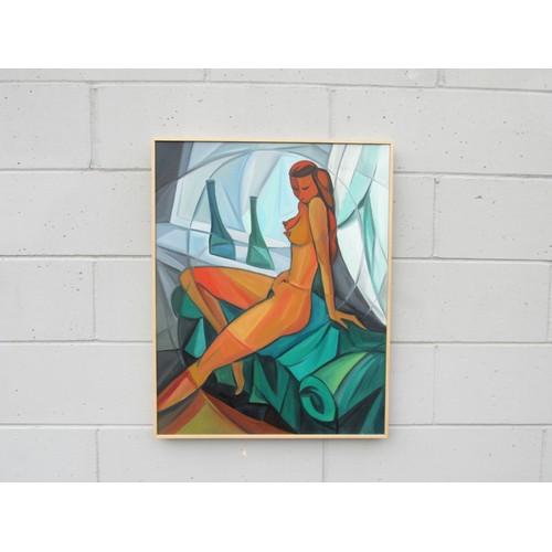 9435 - A framed cubist style oil on board painting of a nude figure, unsigned. Image size  75cm x 59cm   