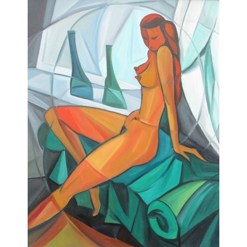 9435 - A framed cubist style oil on board painting of a nude figure, unsigned. Image size  75cm x 59cm   