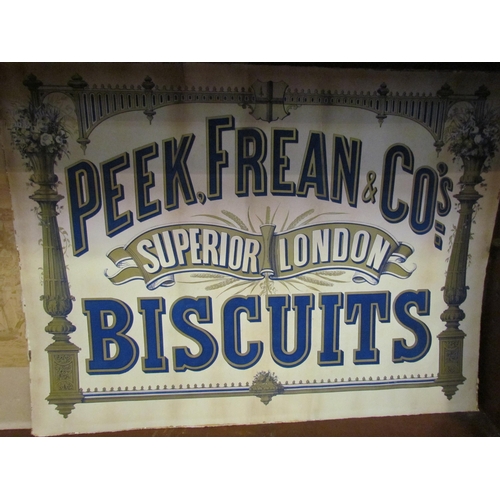 1035 - A Peek, Frean & Co.'s Superior London Biscuits advertising card, blue lettering with gilt, some disc... 