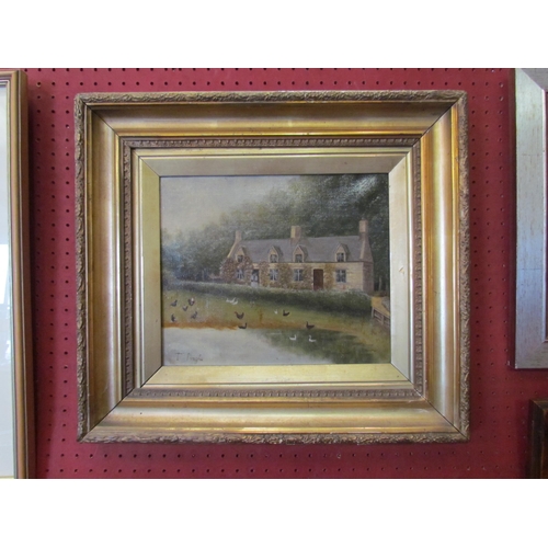 1067 - A Victorian naïve oil painting of ducks by cottage, indistinctly signed lower left, gilt framed, 24c... 