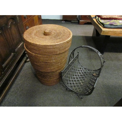 1069 - A wirework lattice log basket and a wicker laundry basket (2)