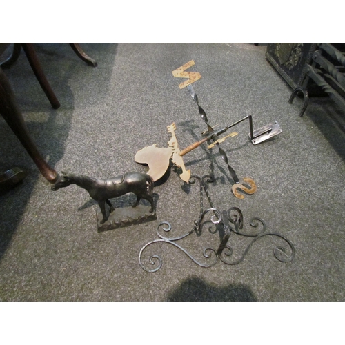 1070 - A metal horse figure, wall hanging basket holder and a weather vane with cockerel design (3)