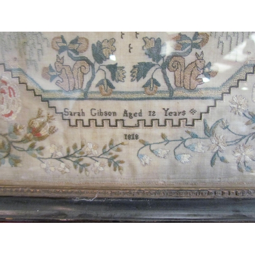 1080 - A Regency era sampler by Sarah Gibson aged 12 years, alphabet and religious theme, floral borders, d... 