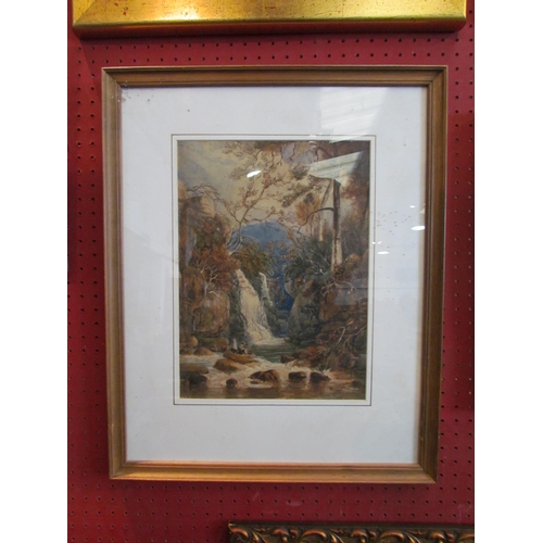 1084 - A watercolour depicting figures fishing by a stream, framed and glazed, 34cm x 25cm image size    (E... 