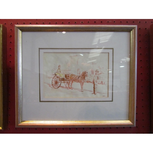 1085 - P. McNAMARA: A watercolour depicting two figures with horse and carriage, signed lower right, framed... 