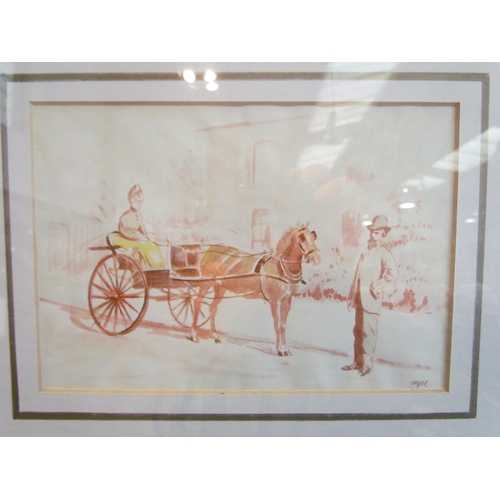 1085 - P. McNAMARA: A watercolour depicting two figures with horse and carriage, signed lower right, framed... 