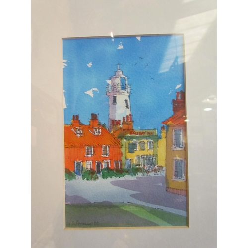 1090 - VAUGHN LIMMER: A watercolour and pen depicting the lighthouse and inn in Southwold, signed and dated... 