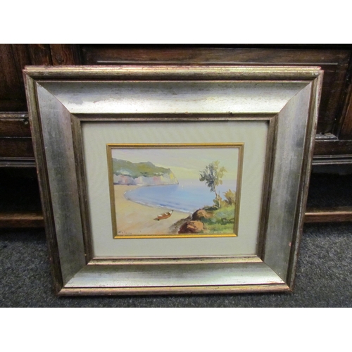 1091 - An oil on board depicting a Continental beach scene with rowing boat moored on the sand, indistinctl... 