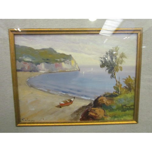 1091 - An oil on board depicting a Continental beach scene with rowing boat moored on the sand, indistinctl... 