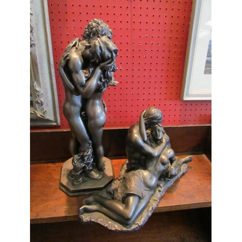 1094 - Two figures of semi-clad couples embracing, 37cm tall and 34cm long