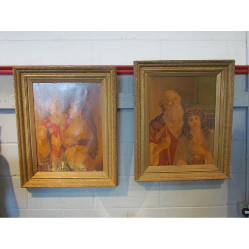 1097 - A pair of decorative gilt picture frames with Victorian oleographs to centre, 77cm x 63cm each    (E... 