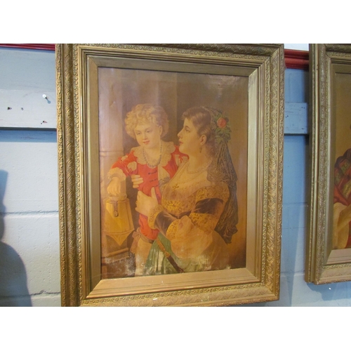 1097 - A pair of decorative gilt picture frames with Victorian oleographs to centre, 77cm x 63cm each    (E... 