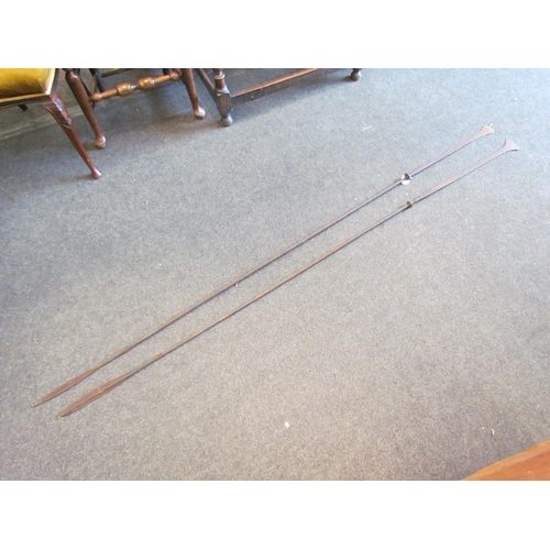 1108 - Two barbed spears, all-metal shaft, largest approximately 207cm long