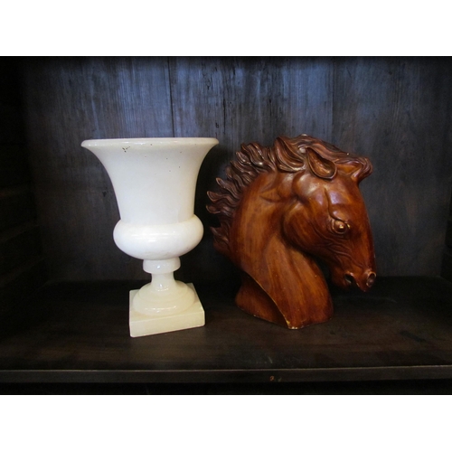 1110 - A horse head figure and onyx table urn, both approximately 25cm tall (2)