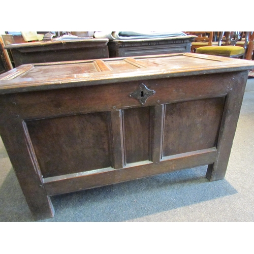 1113 - A late 17th / early 18th Century country oak panelled coffer of small proportions, 52cm tall x 87cm ... 