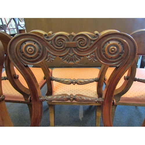 1159 - A set of six William IV rosewood side chairs, scroll carved back support, fluted and turned front le... 