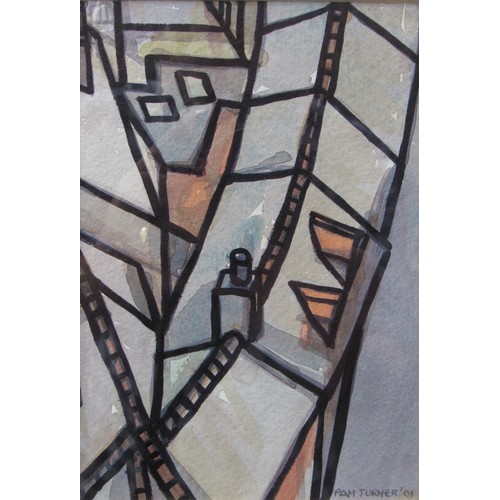 9427 - PAM TURNER (XX/XXI) A framed stylised rooftop mixed media painting on paper - “Castle view” signed a... 