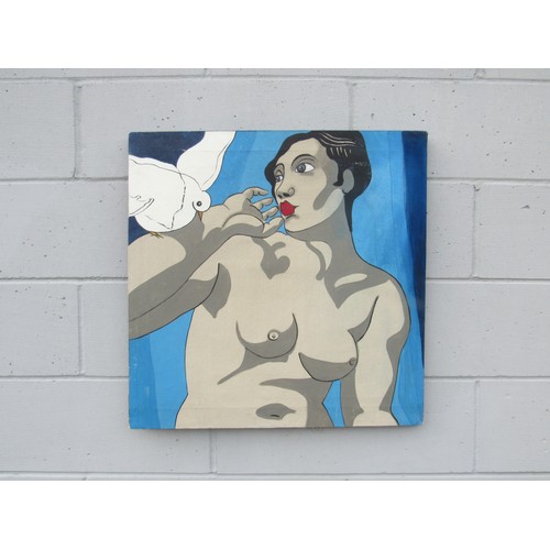 9434 - An acrylic on canvas depicting a stylised female nude with white dove. Indistinctly signed verso, 65... 