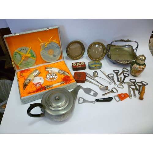 4438 - A mixed lot including plated ware, brass picture frames, vintage tins etc