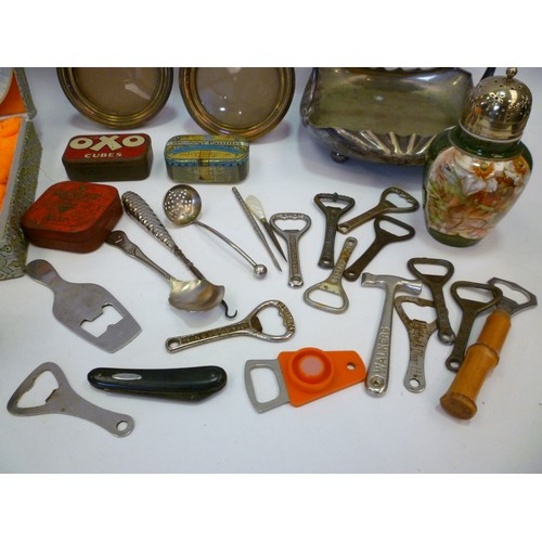 4438 - A mixed lot including plated ware, brass picture frames, vintage tins etc