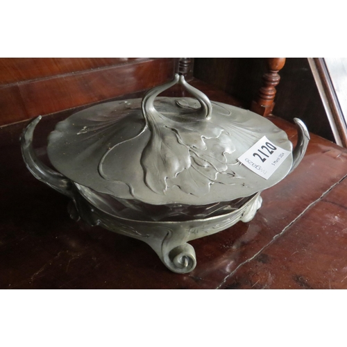 2120 - A French ovis pewter and glass lidded container