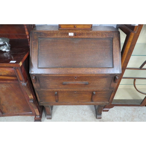 2123 - A 1940's style oak bureau, fitted interior, square legs and stretcher