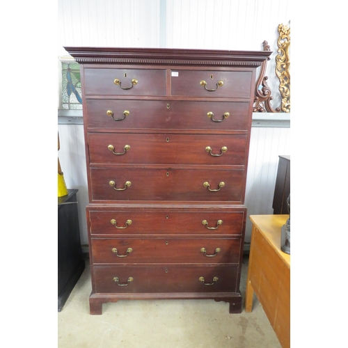 2132 - A Georgian mahogany chest on chest with brass swan neck handles, 178cm x 115cm   (R) £400