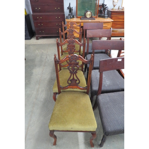 2176 - A set of four Edwardian mahogany dining chairs, carved feet, back slat, green velour upholstery