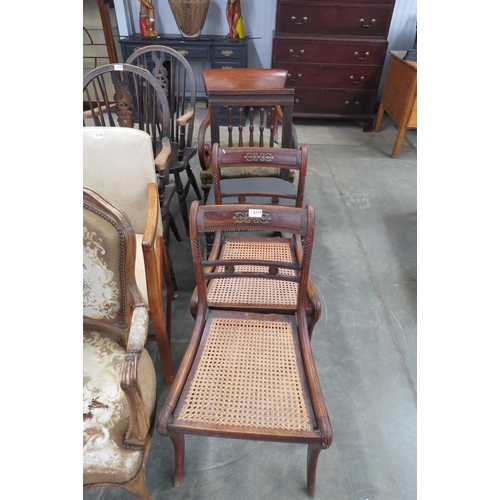 2177 - A Victorian mahogany scroll-arm elbow chair, two Regency side chairs and an oak chair