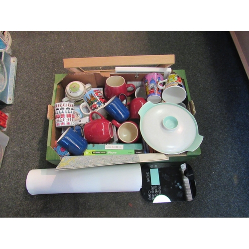 1251 - A box of miscellaneous including Denby, Poole Pottery, London mugs, set of scales etc     (R) £0