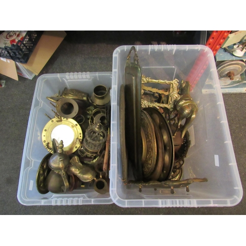 1253 - Two boxes of mixed brass wares, port hole, photo frames, chargers etc.