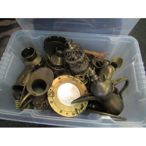 1253 - Two boxes of mixed brass wares, port hole, photo frames, chargers etc.