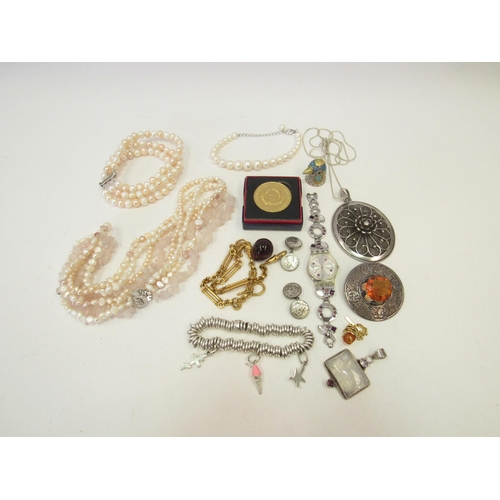 1310 - A selection of jewellery including pearl necklaces, a Swatch watch and a Scottish white metal brooch