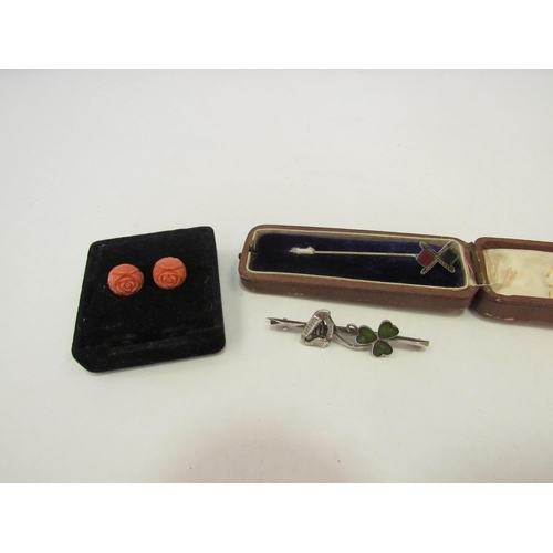 1316 - A pair of coral earrings and two Scottish hardstone tie-pin and brooch