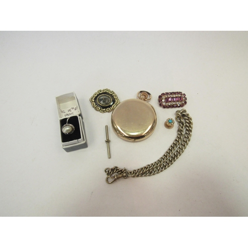 1346 - A Victorian memoriam brooch, plated fob watch, marcasite ring etc.