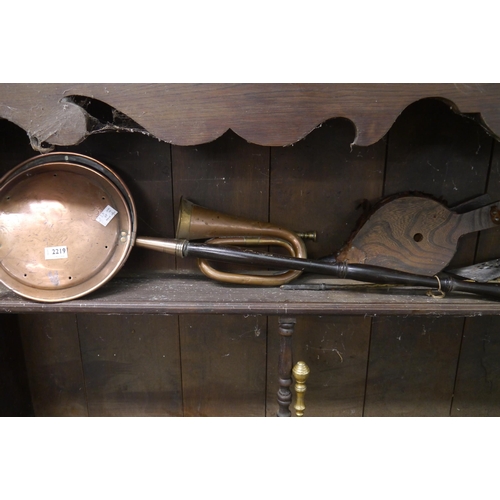 2219 - A selection of fire tools and bed warming pans