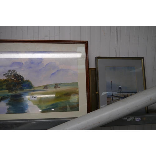 2364 - A watercolour painting of the river Exe, Exmoor by C Gamble and 2 x prints   (E) £8-12