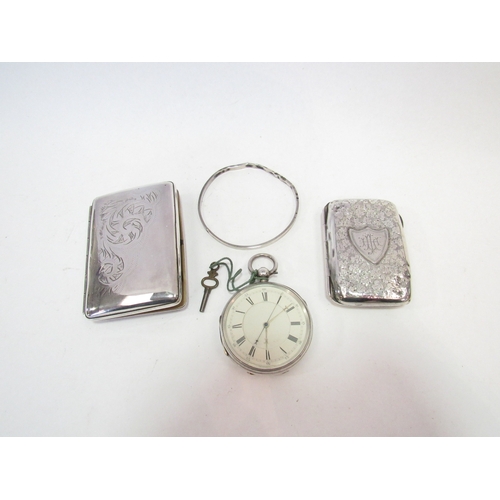 1363 - A silver cased fob watch, bangle a/f, silver cigarette case a/f and plated cigarette case (4)