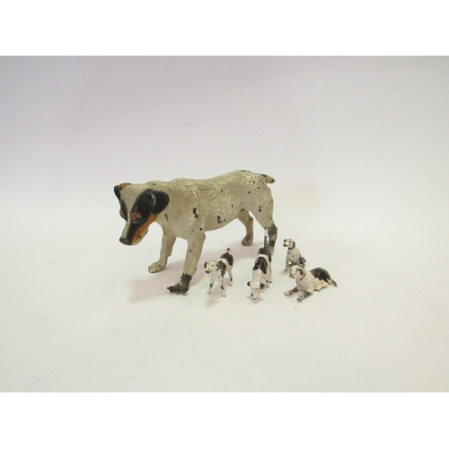 1372 - A cold painted bronze figure of a Jack Russell Terrier (foot a/f) together with four small metal bro... 