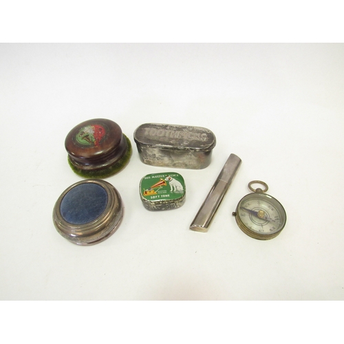 1375 - Miscellaneous items including two toothpick holders, silver cased pin cushion, compass and His Maste... 