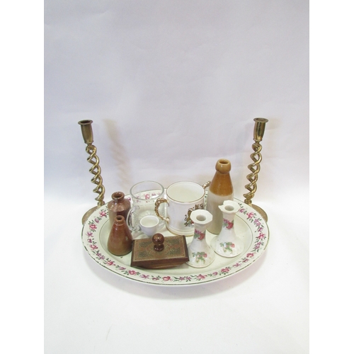 1518 - A meat plate together with miscellaneous stoneware and ceramics, brass effect candlesticks, etc. Som... 