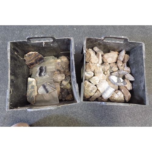 1307 - Two tubs containing blue john in rough form. Approx weights including tubs- 8.7kg and 14.5kg.