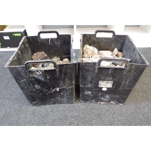 1307 - Two tubs containing blue john in rough form. Approx weights including tubs- 8.7kg and 14.5kg.