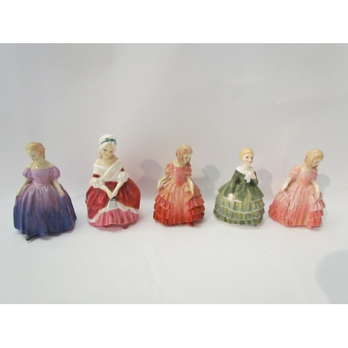 1393 - Five early Royal Doulton ladies, approximately 11.5cm tall, Belle, Rose, Peggy, Marie and Rose (a/f)