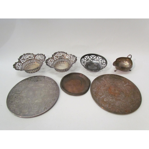 1403 - A selection of white metal and plated items including cream jug, pierced bowl, plate stands, razors,... 