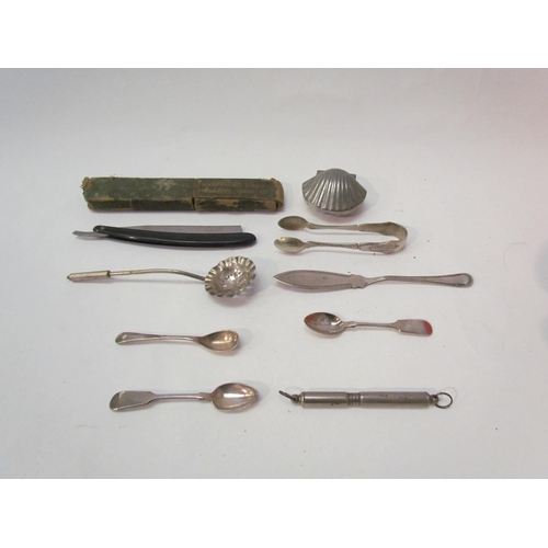 1403 - A selection of white metal and plated items including cream jug, pierced bowl, plate stands, razors,... 