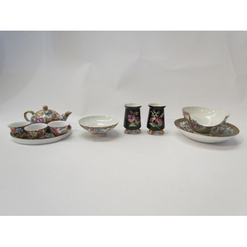 1413 - Mixed Oriental ceramics including lidded vase, teapot, Canton rice bowl and miniature items. Bowl a/... 